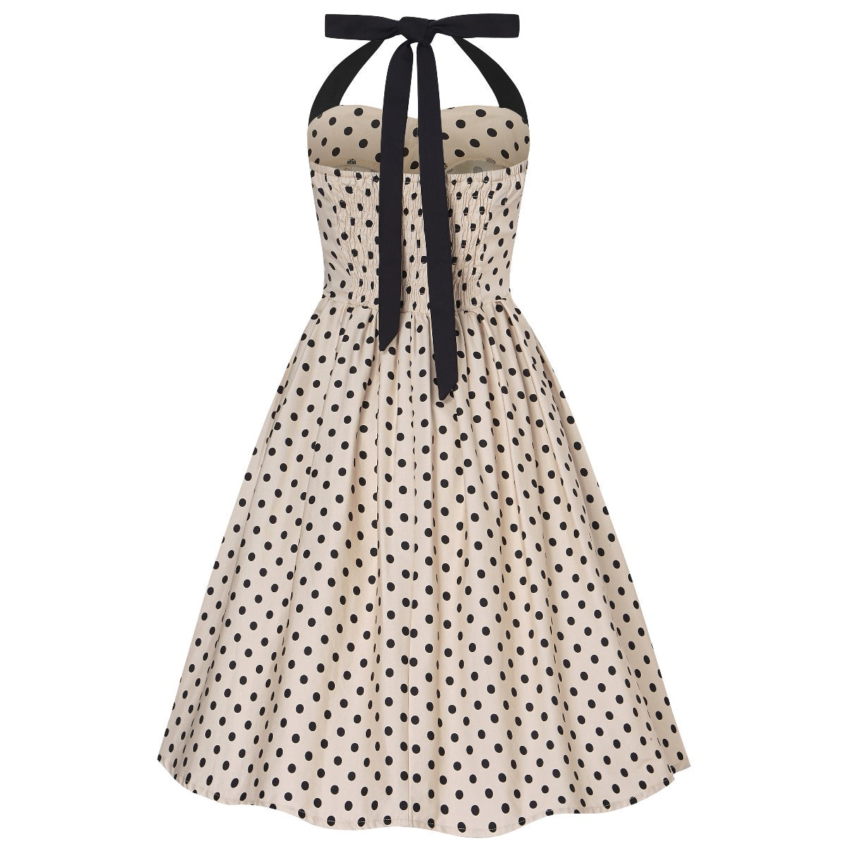Sophia Halter Neck Swing Dress in Sand Beige-Black Polka Dot