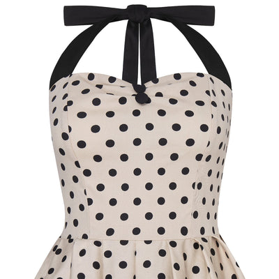 Sophia Halter Neck Swing Dress in Sand Beige-Black Polka Dot