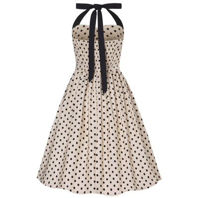Sophia Halter Neck Swing Dress in Sand Beige-Black Polka Dot