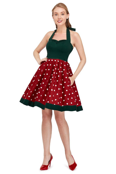 Vintage Polka Dot Halter Neck Swing Dress in Dark Green and Burgundy
