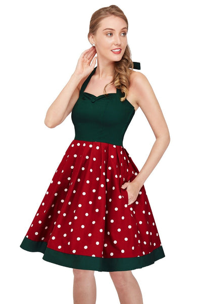 Sophia Rockabilly Halter Neck Swing Dress in Dark Green and Burg
