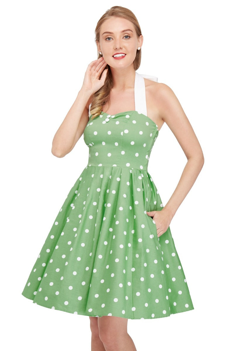 Sophia Rockabilly Halter Neck Swing Dress Smoke Green & White
