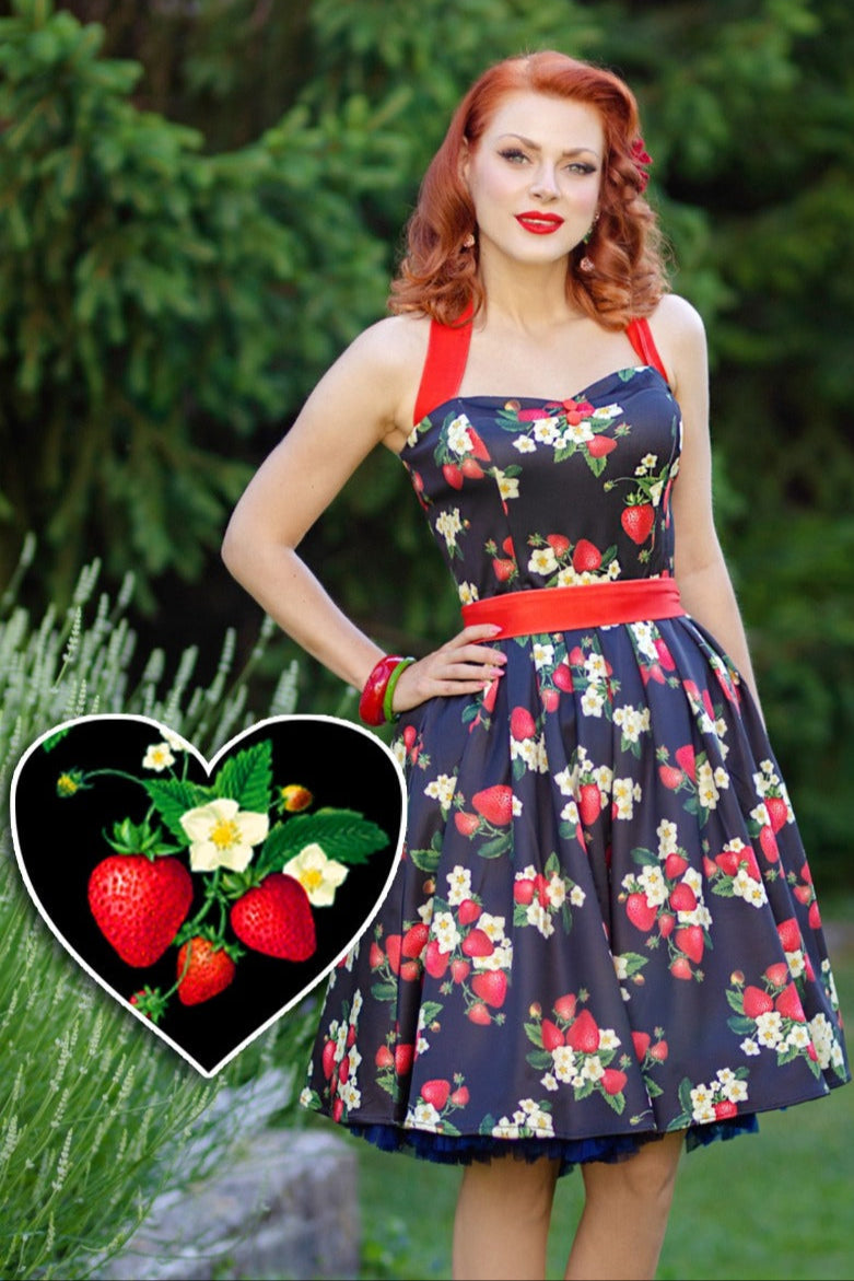 Sophia Rockabilly Halter Neck Swing Strawberry on Black