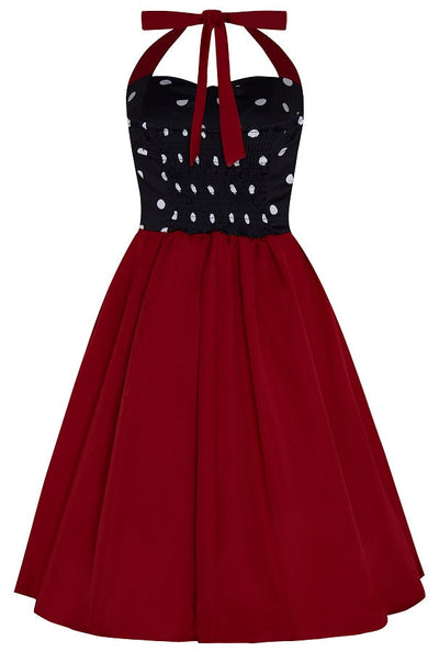 Sophia Rockabilly Halter Neck Swing Dress in Black-White polka dots and Burgundy