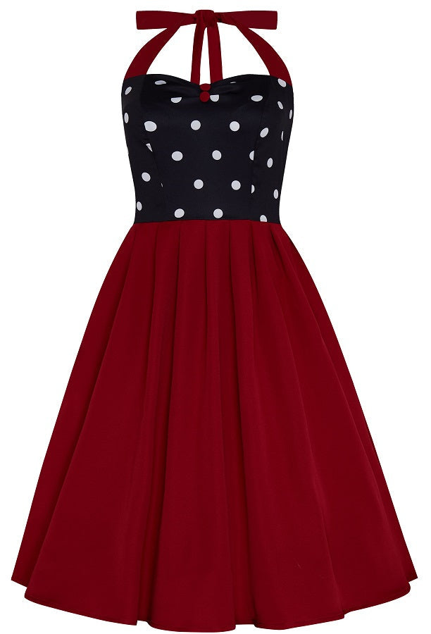 Sophia Rockabilly Halter Neck Swing Dress in Black-White polka dots and Burgundy