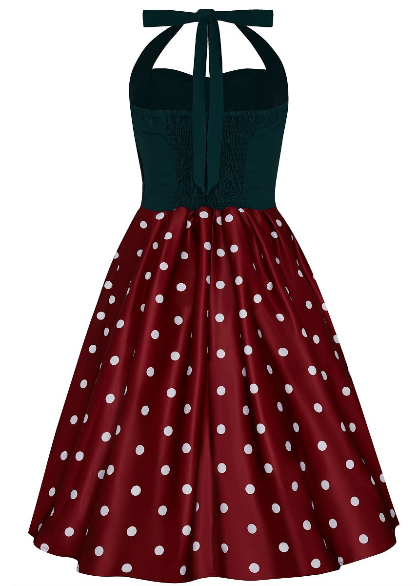 Sophia Rockabilly Halter Neck Swing Dress in Green&Burgundy-White Dot