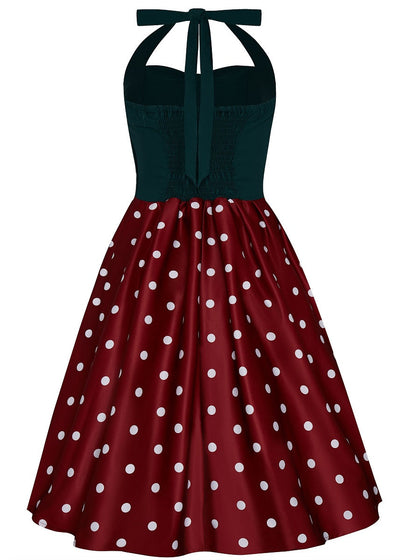 Sophia Rockabilly Halter Neck Swing Dress in Green&Burgundy-White Dot