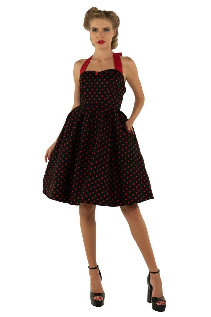 Sophia Rockabilly Halter Neck Swing Dress in Black-Red Polka Dot