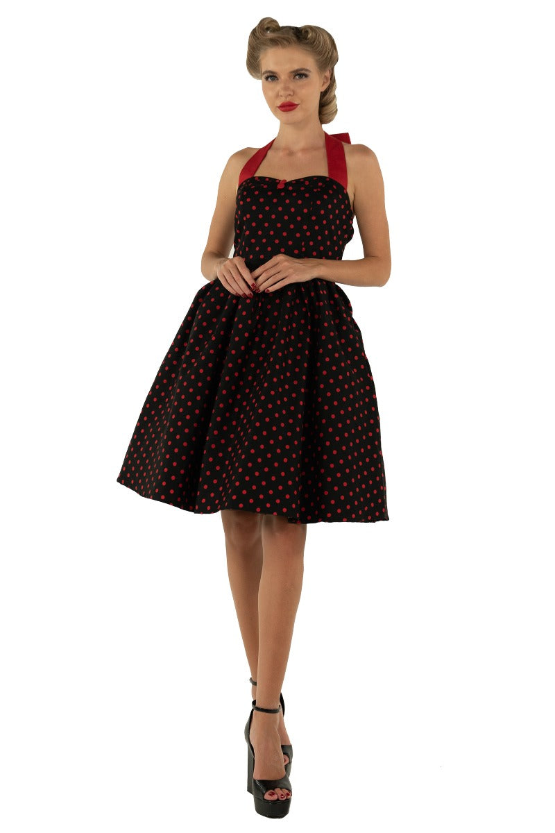 Sophia Rockabilly Halter Neck Swing Dress in Black-Red Polka Dot