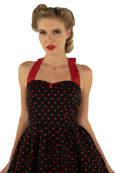Sophia Rockabilly Halter Neck Swing Dress in Black-Red Polka Dot