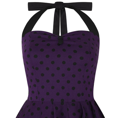 Sophia Rockabilly Halter Neck Swing Dress in Purple-Black Polka Dot