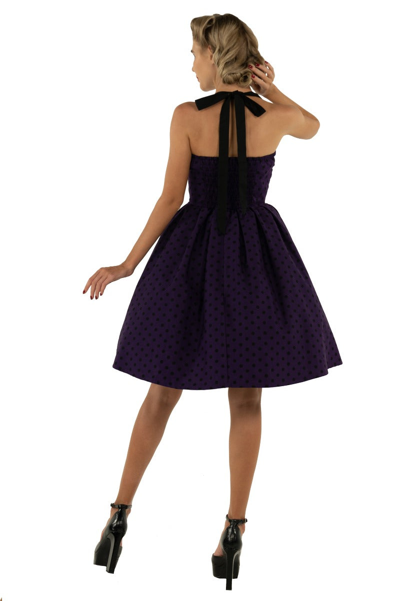 Sophia Rockabilly Halter Neck Swing Dress in Purple-Black Polka Dot