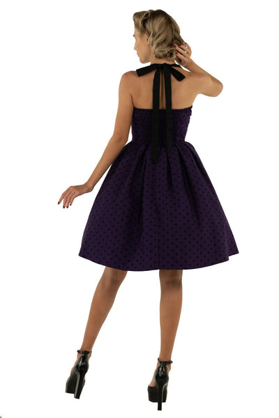 Sophia Rockabilly Halter Neck Swing Dress in Purple-Black Polka Dot