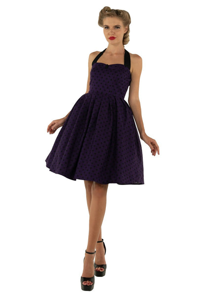 Sophia Rockabilly Halter Neck Swing Dress in Purple-Black Polka Dot
