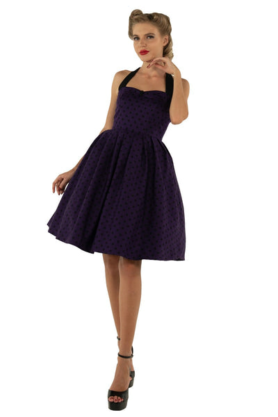 Sophia Rockabilly Halter Neck Swing Dress in Purple-Black Polka Dot