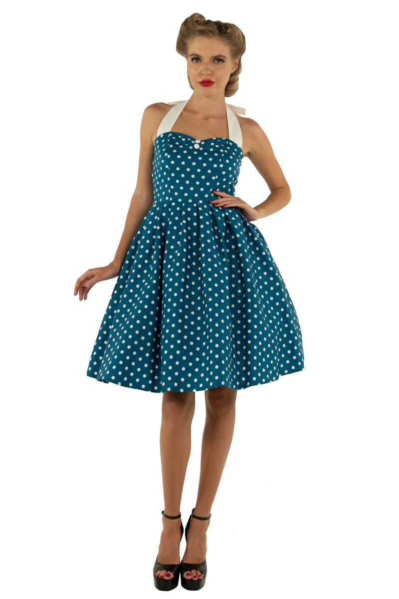 Sophia Halterneck Polka Dot Swing Dress in Blue