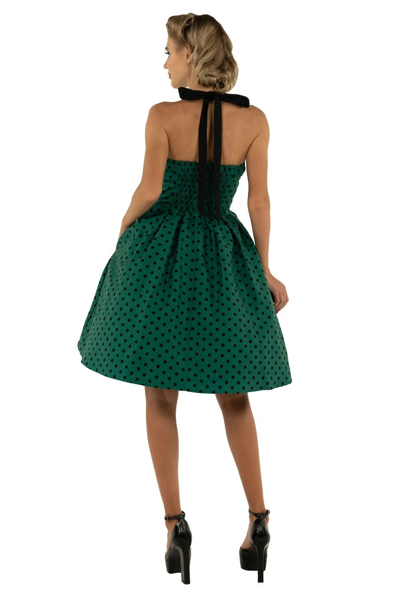 Sophia Rockabilly Halter Neck Swing Dress in Dark Green-Black Polka Dot