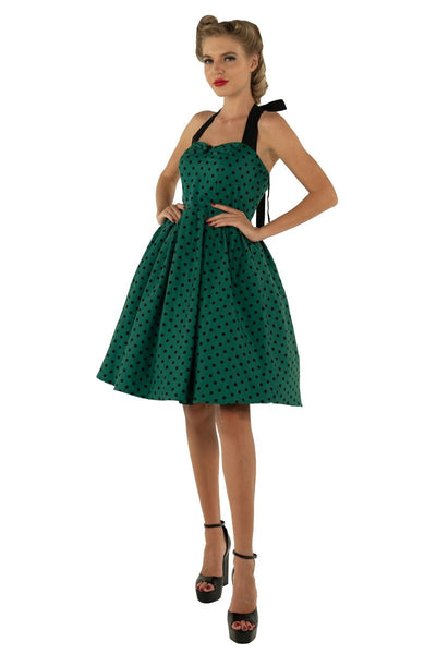 Sophia Rockabilly Halter Neck Swing Dress in Dark Green-Black Polka Dot