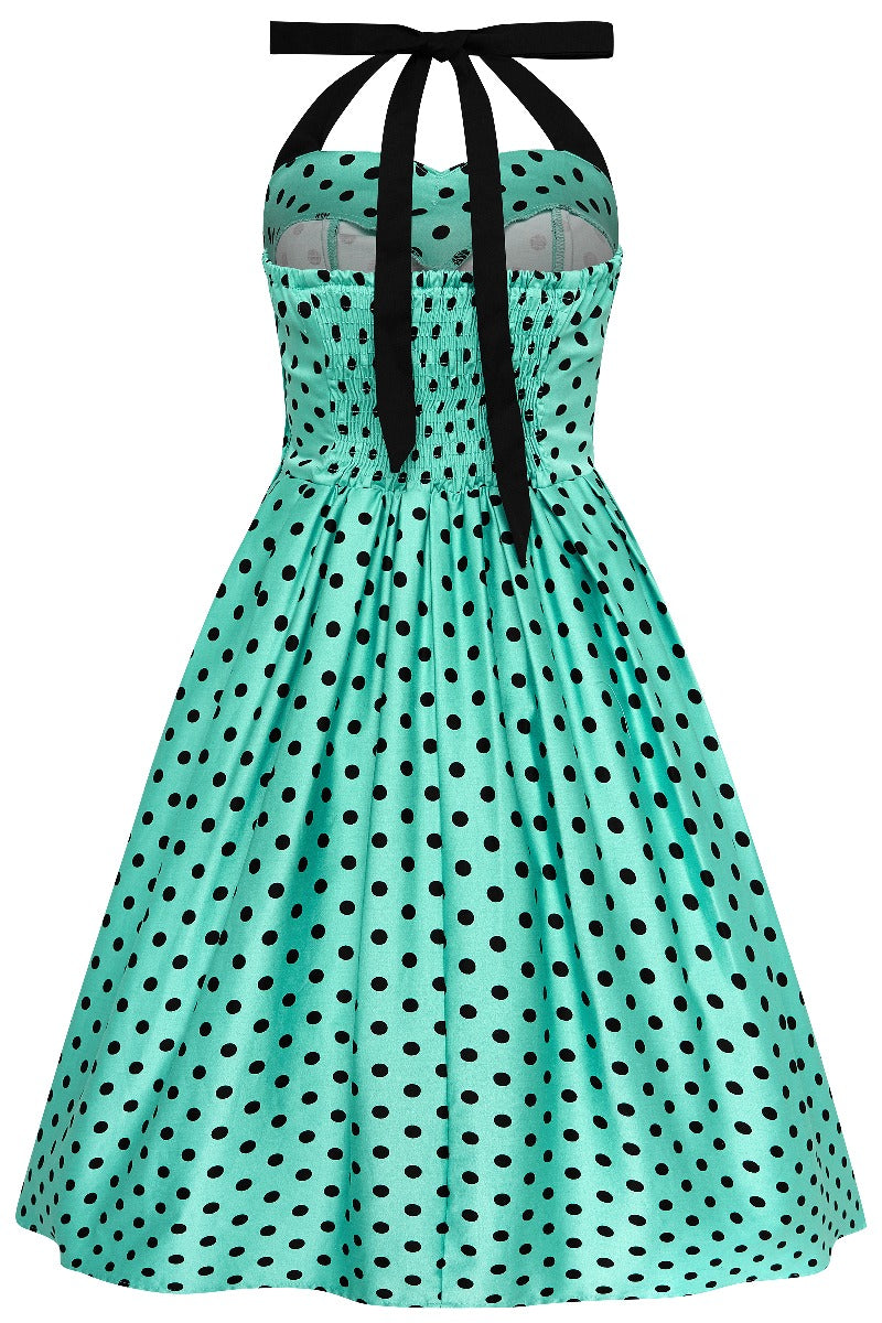 Sophia Rockabilly Halter Neck Swing Dress Aqua & Black Polka