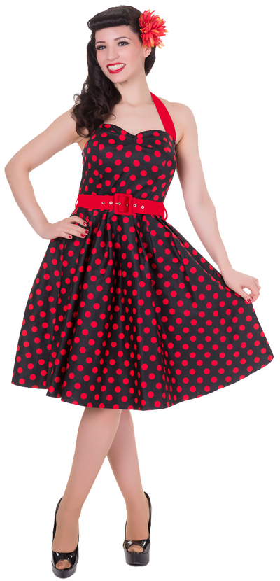 Sophie Two Toned Rockabilly 1950s Dress in Black-Red Dots with Red Neckholder-Red Belt
