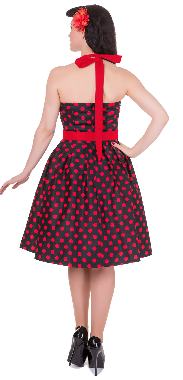 Sophie Two Toned Rockabilly 1950s Dress in Black-Red Dots with Red Neckholder-Red Belt