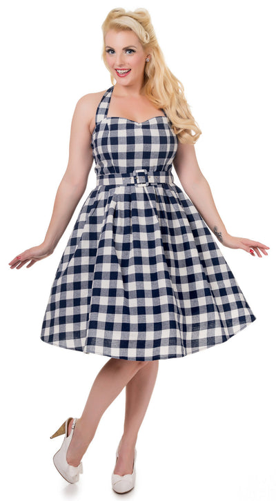 Navy Check Dress with Model - Front