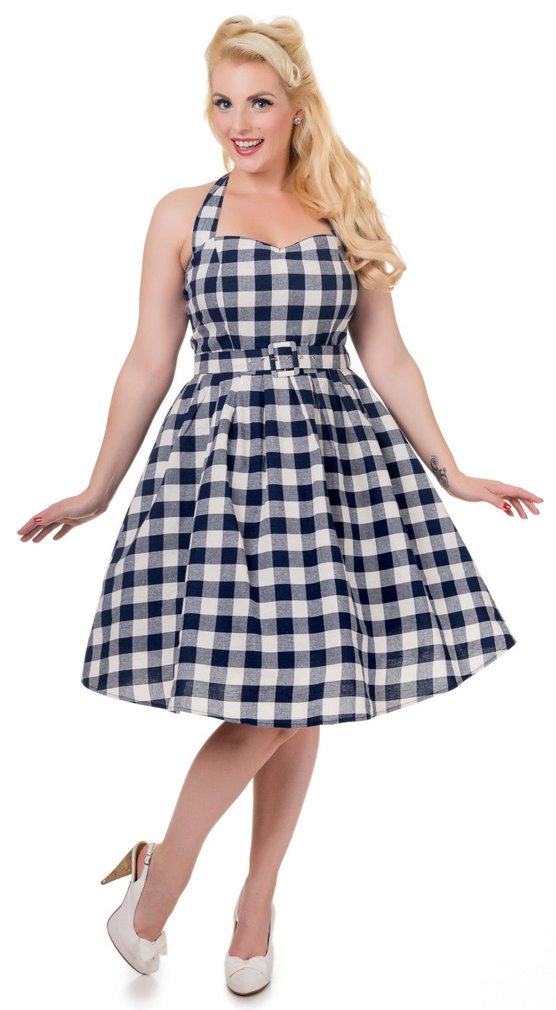 Navy Check Dress with Model - Front