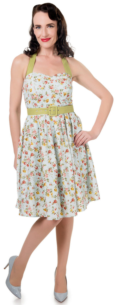 Sophie Floral Rockabilly 1950s Dress in Blue-Green