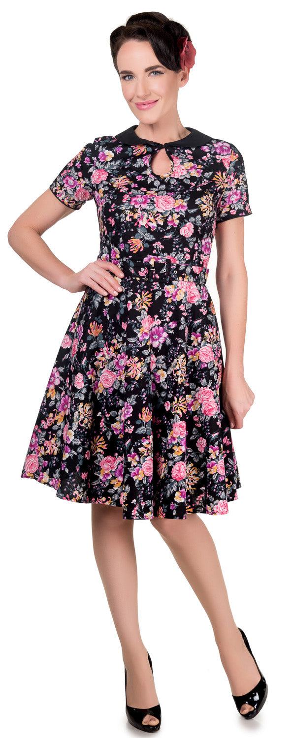Evelyn Retro 50's Style Swing Dress in Black-Pink