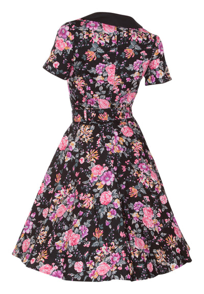Evelyn Retro 50's Style Swing Dress in Black-Pink