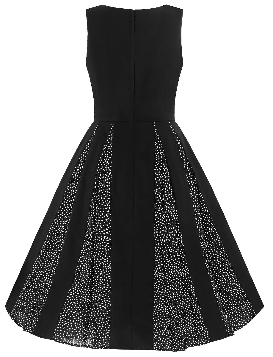 Judith Cotton Retro Pleated Dress in Black with White Polka Dot