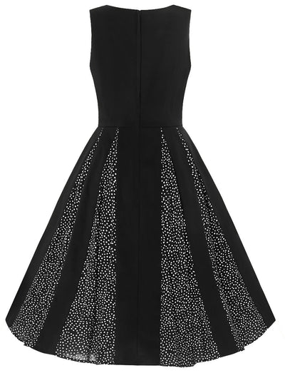 Judith Cotton Retro Pleated Dress in Black with White Polka Dot