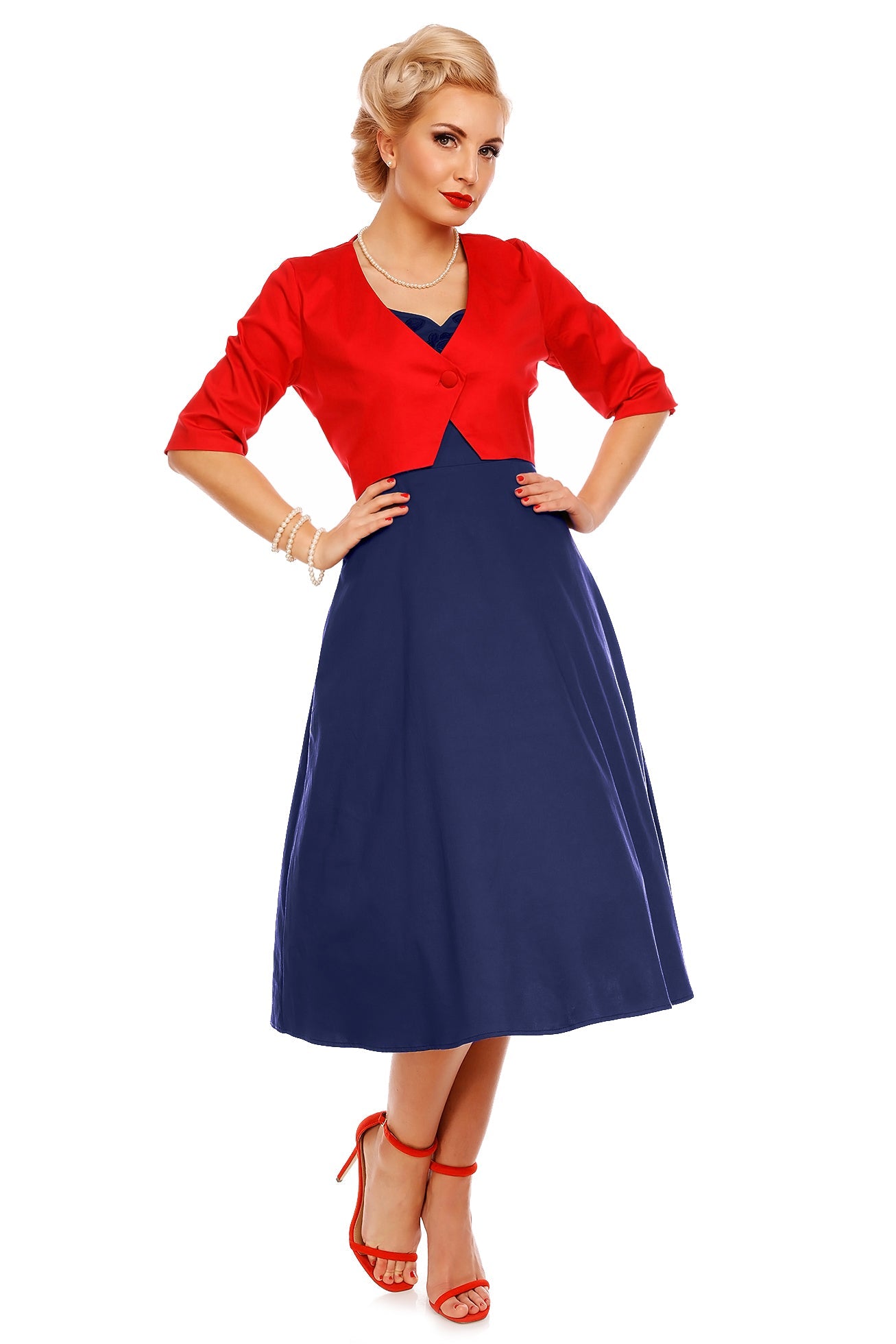 Veronica 50s Inspired Evening Dress With Bows in Navy Blue