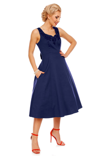 Veronica 50s Inspired Evening Dress With Bows in Navy Blue
