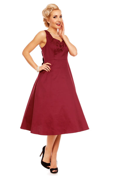 Veronica 50s Inspired Evening Dress With Bows in Burgundy Red