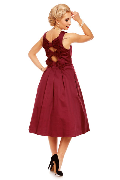 Veronica 50s Inspired Evening Dress With Bows in Burgundy Red