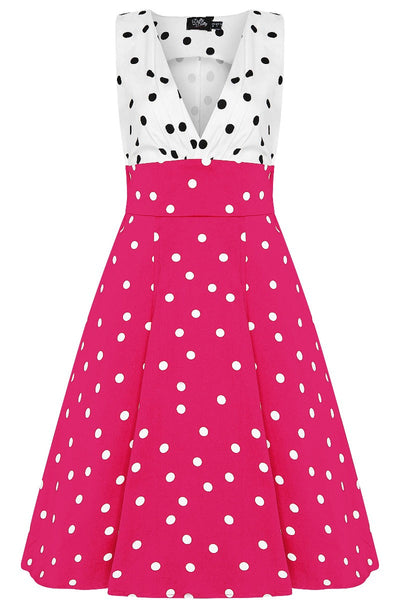 Laura Deep V Neck Polka Dot Swing Dress in White/Black and Hot Pink/White