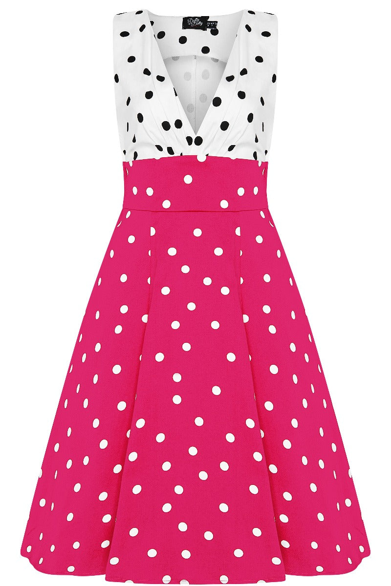Laura Deep V Neck Polka Dot Swing Dress in White/Black and Hot Pink/White