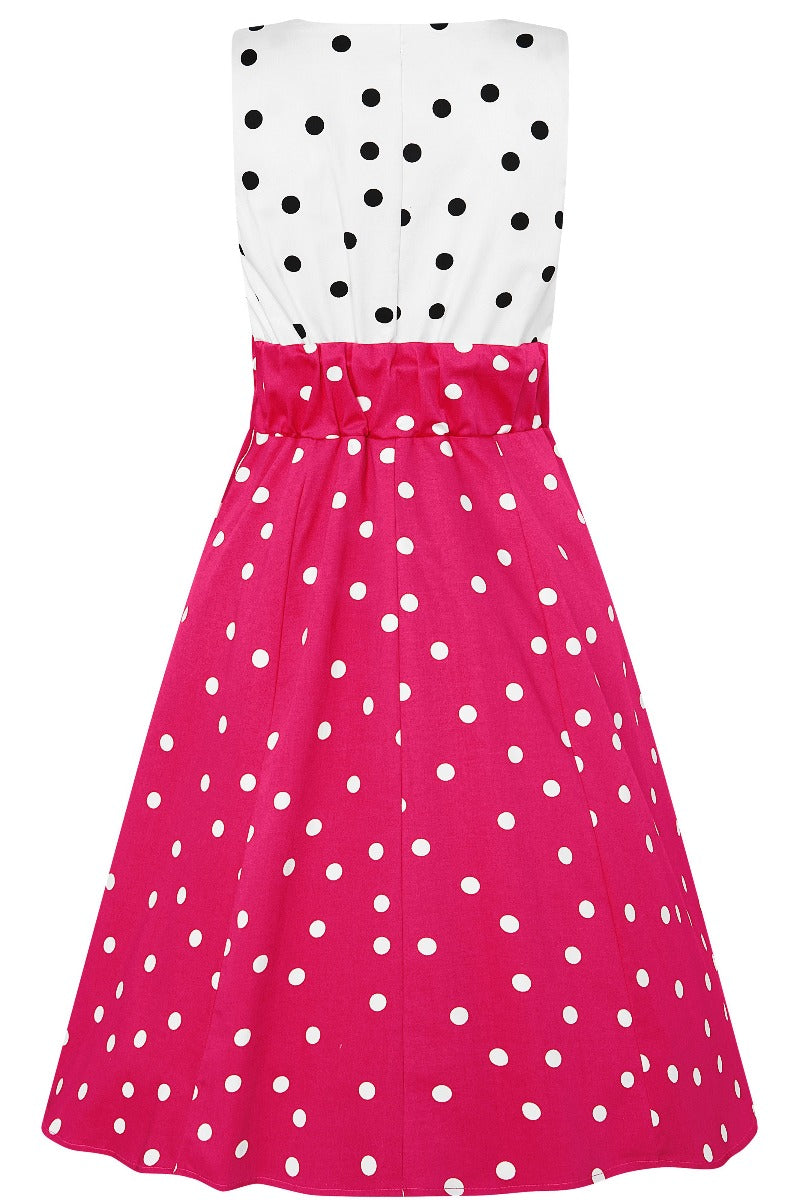 Laura Deep V Neck Polka Dot Swing Dress in White/Black and Hot Pink/White