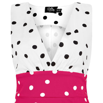 Laura Deep V Neck Polka Dot Swing Dress in White/Black and Hot Pink/White