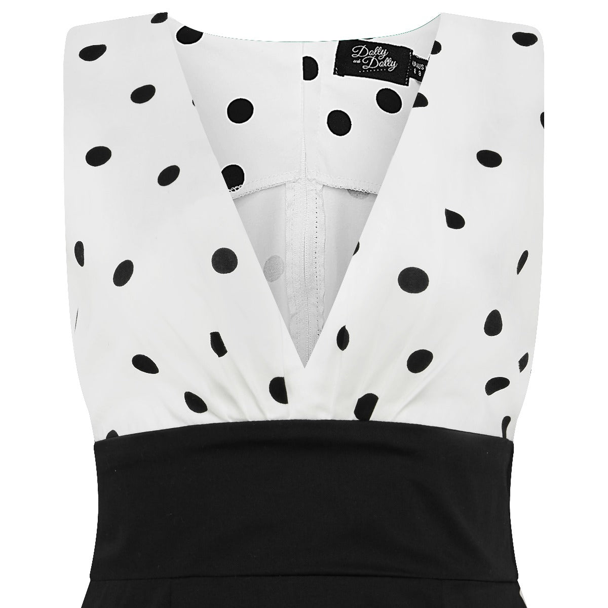 Laura 1950s Deep V Cleavage Polka Dot Dress  in White-Black Top and Black Skirt