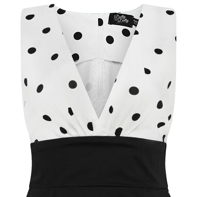 Laura 1950s Deep V Cleavage Polka Dot Dress  in White-Black Top and Black Skirt