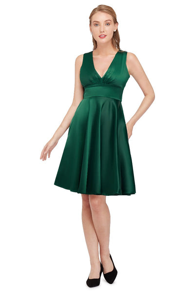 Laura Deep V Neck Satin Swing Dress in Emerald Green