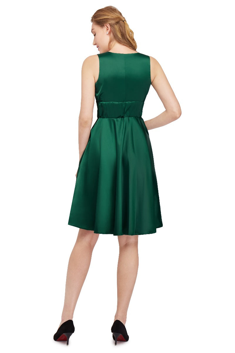Laura Deep V Neck Satin Swing Dress in Emerald Green