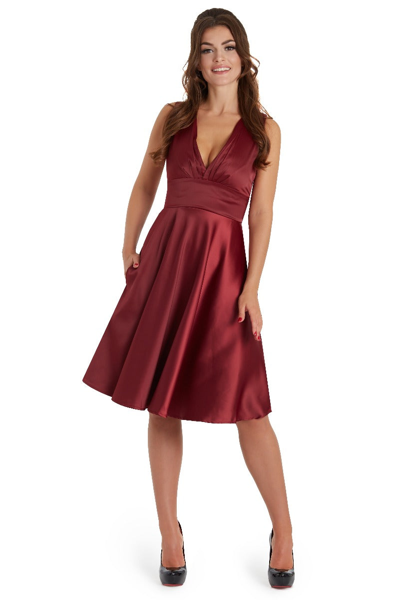 Laura Deep V Neck Satin Swing Dress in Burgundy