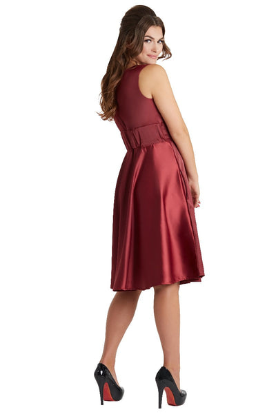 Laura Deep V Neck Satin Swing Dress in Burgundy