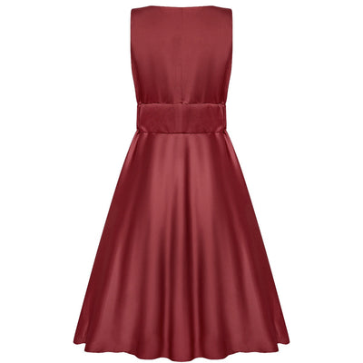 Laura Deep V Neck Satin Swing Dress in Burgundy