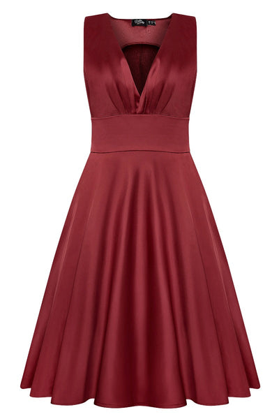 Laura Deep V Neck Satin Swing Dress in Burgundy