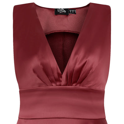 Laura Deep V Neck Satin Swing Dress in Burgundy