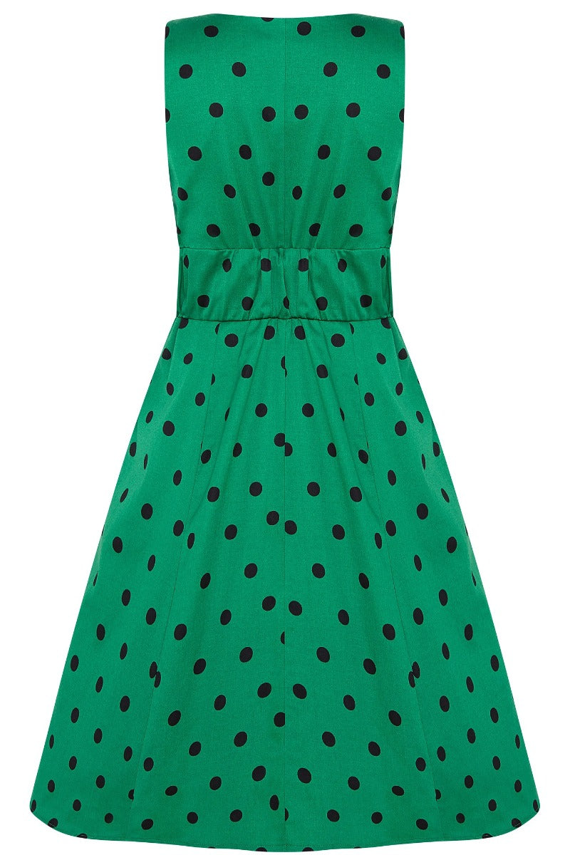 Laura 1950s Deep V Cleavage Polka Dot Dress in Green/Black